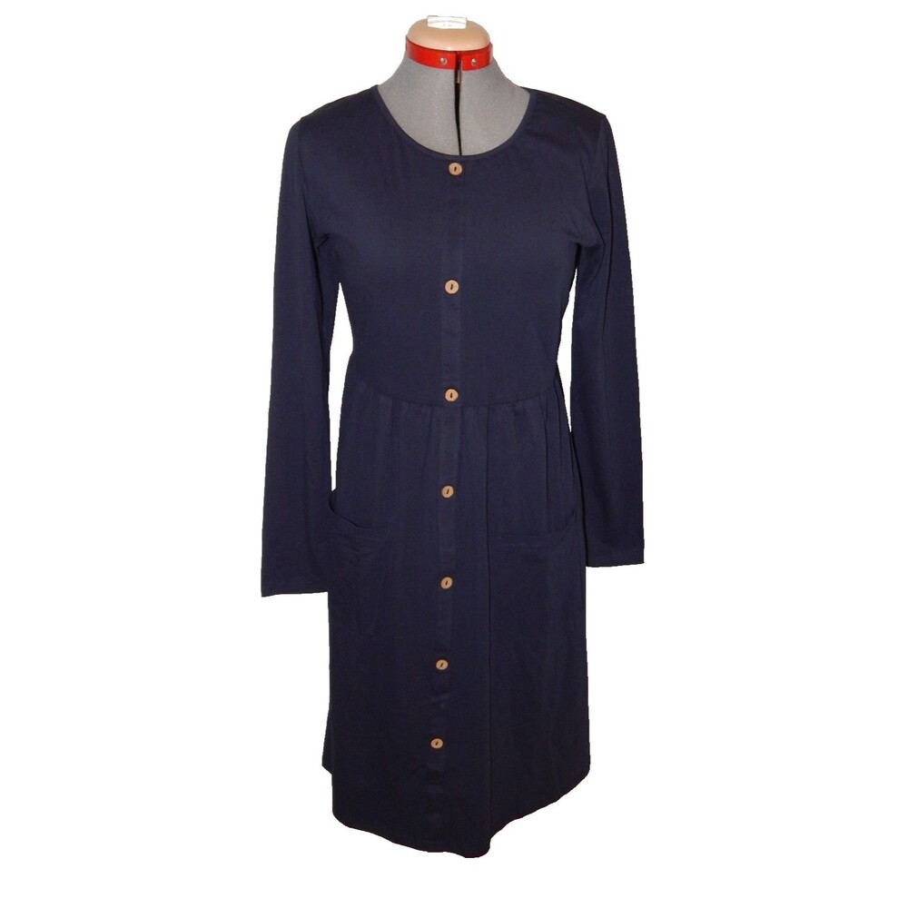 Slig Women's Sz LG Blue Cotton Round Neck L/Sleeve Casual Knee Length Dress NWT